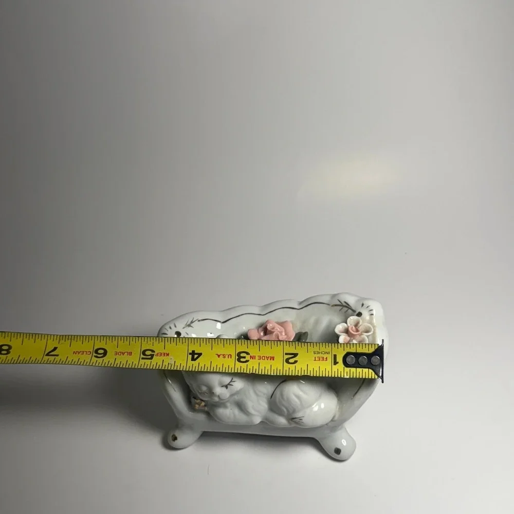 Vintage Porcelain Persian Cat Sleeping on Couch Floral Figurine 4.75